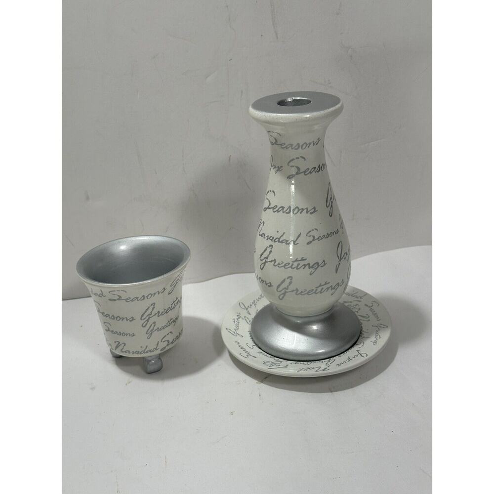 3 Piece Set Candle Holder Cup And Plate Writing Seasons Greetings White Ceramic